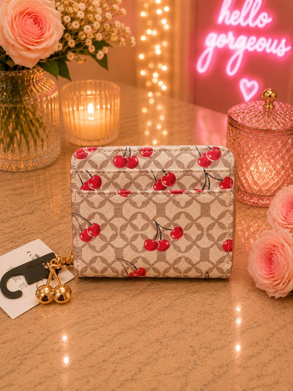 Cherry Print Small Zip Wallet - NWT Beige and Red - Picture 1 of 3